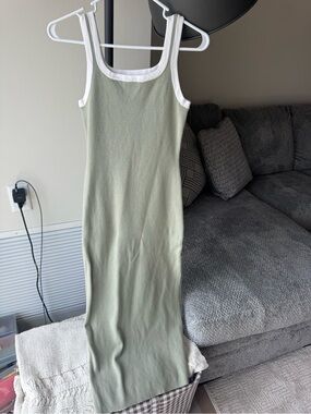 Sleeveless Sage Green Ribbed Tank Dress with White Trim